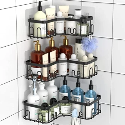 Afbeelding van Menbyci 3 pack hoekdouche Caddy, roestvrijstalen hoekdoucheplank met 18 haken, zelfklevende doucheplanken douche organizer hoek voor badkameropslag (zwart)