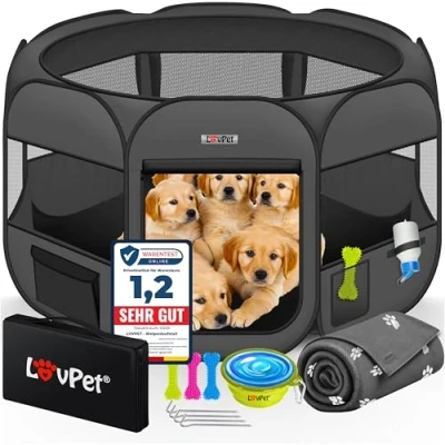 Afbeelding van Lovpet® Hondenren Puppystal, dierenomheining, opvouwbaar, voor kleine dieren, honden katten, incl. drinkbak hondenuitloop buitenomheining in Oxford stof pop up systeem binnen/buiten
