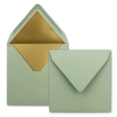 Afbeelding van 50 vierkante enveloppen, 15,5 x cm, eucalyptus (groen), gevoerd met goudpapier, natte plakrand FarbenFroh by GUSTAV NEUSER
