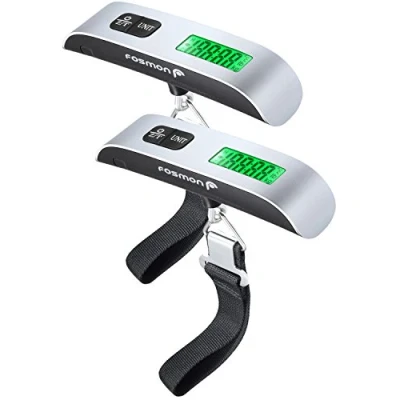 Afbeelding van Fosmon digitale bagageweegschaal (2 stuks), lcd met een capaciteit van 110 lbs / 50 kg, draagbare roestvrijstalen hangende weegschaal tarrafunctie voor reizigers zilver