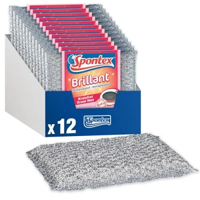 Afbeelding van Spontex Briljant reinigingspads, verpakking van 12 stuks, voor gevoelige oppervlakken, krasvrij en duurzaam, zilver roze