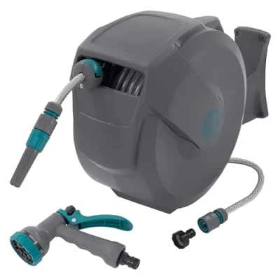 Afbeelding van ECD Germany Tuinslanghaspel 20m+2m Muurgemonteerde Slanghouder met RollUp Functie Vergrendelingssysteem en 9 Sproeistanden 180 Zwenkbaar Automatische Waterslangbox voor Wandbevestiging