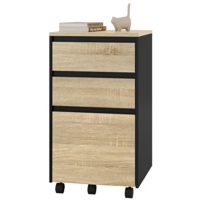Afbeelding van WOLTU ASK01hot mobiele archiefkast, kast voor ordners, opbergkast kantoor, kantoorkast met wielen, rolcontainer 3 laden, licht eiken zwart, 40 x 70 cm