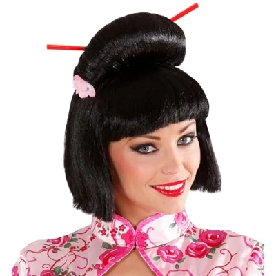 Afbeelding van Widmann Pruik, Geisha Met Bloem En Chopsticks Zwart Carnavalskleding Verkleedkleding
