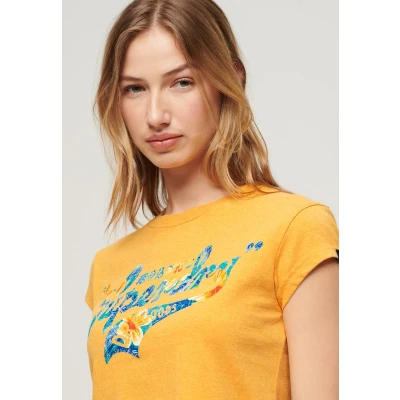 Afbeelding van Superdry Floral Scripted Sleeve Tshirt print, Dames, Maat: 40, Amber yellow marl
