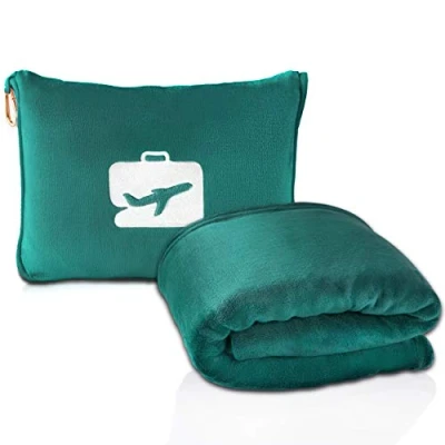 Afbeelding van EverSnug Reisdeken en kussen premium zachte 2 in 1 vliegtuigdeken met tas, kussensloop, handbagage riem rugzakclip (groenblauw)