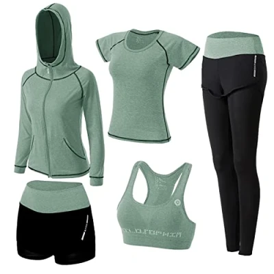 Afbeelding van ZETIY Trainingspak voor dames, yogakleding, pak van 5, sportpak, joggingpak, sportkleding, yoga, outfit, damesbeha, leggingset, groen, M