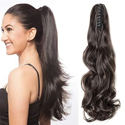 Afbeelding van SEGO Haarstukje, paardenstaart, golvend, elastisch, haarverlenging, krullend, ponytail, met clip, 45 cm, donkerbruin