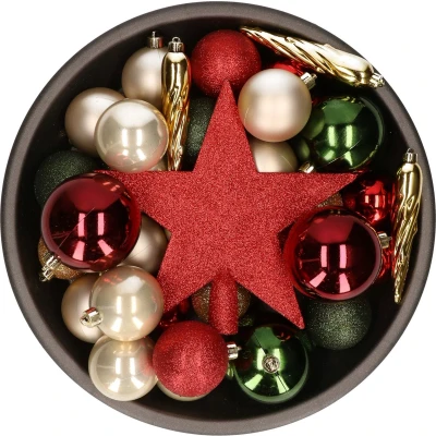 Afbeelding van Kerstballen met piek 33 stuks rood groen champagne 5 6 8 cm