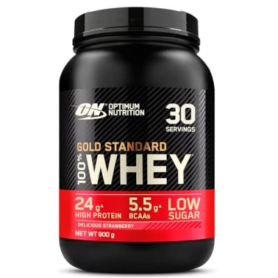 Afbeelding van Optimum Nutrition Gold Standard 100% Whey Spieropbouw en Herstel, Proteïnepoeder met Lichaamseigen Glutamine BCAA Aminozuren,Verrukkelijke Aardbeiensmaak, 30 Porties, 900 g