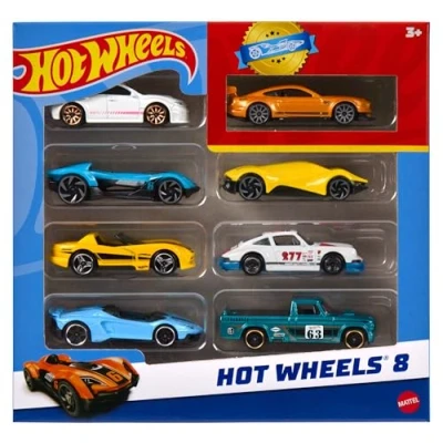Afbeelding van Hot Wheels Basisset van 8 Auto&#039;s en Trucks, schaal 1:64, inclusief 1 exclusieve auto, verschillende samenstellingen die in de loop het jaar zijn uitgekomen, stijlen kunnen variëren, HPV78