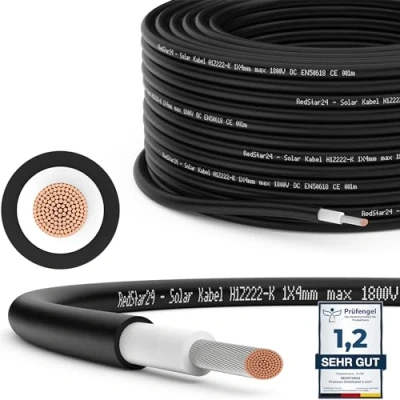 Afbeelding van RedStar24 Premium zonnekabel, 4 mm², zwart, 10 m, TÜV gecertificeerd, uv bestendig, flexibel, fotovoltaïsche kabel, PV aansluitkabel voor zonnepaneel, omvormer en laadregelaar, duurzaam