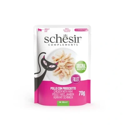 Afbeelding van 12x Schesir Complementary Kattenvoer Kip&amp;Ham in Gelei 70 gr