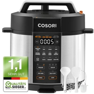 Afbeelding van COSORI Snelkookpan, 9 in 1, multikoker met 14 functies, 5,7 l pressure cooker, rijstkoker, stoompan, yoghurtmaker, slowcooker en sous vide, sauteerpan, receptenboek, roestvrij staal