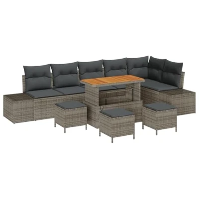 Afbeelding van vidaXL 10 Delige Tuin Sofa Set met Kussens Grijs Poly Riet Acacia