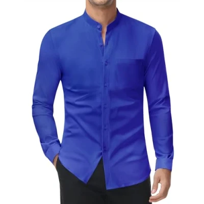 Afbeelding van DEMEANOR Stretch overhemd zonder kraag heren lange mouwen business slim fit strijkvrij overhemden opstaande heren, Klein blauw., M