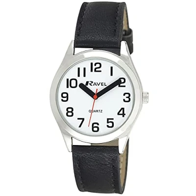Afbeelding van Ravel Uniseks super gewaagd zicht hulp horloge met grote getallen (36mm) zwart/zilverkleurig/witte wijzerplaat