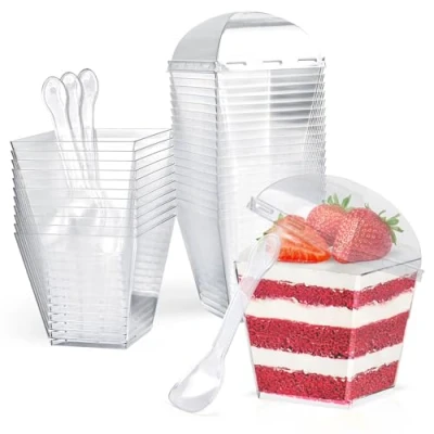 Afbeelding van CoKeeSun 30 stuks dessertbekers met deksel en lepels, 200 ml vierkante dessertbekerset, herbruikbare plastic bekers voor dessertfeest, pudding, mousse, ijs