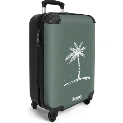 Afbeelding van NoBoringSuitcases.com® Handbagage koffer lichtgewicht Reiskoffer trolley Groen met witte palmboom Rolkoffer wieltjes Past binnen 55x40x20 en 55x35x25
