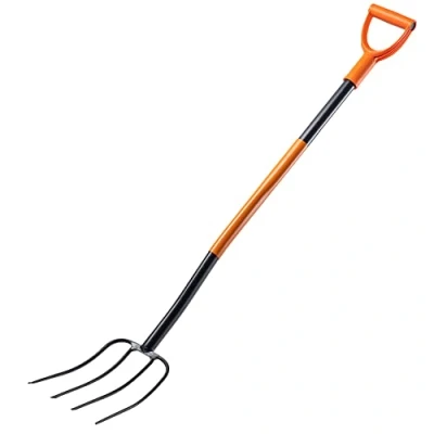 Afbeelding van KADAX Spatvork van staal, 132 cm lange vork, hooivork, grafvork om te graven, ergonomische tuinvork, mestvork, vork met D greep, tuinvork (4 tanden, zwart/oranje)