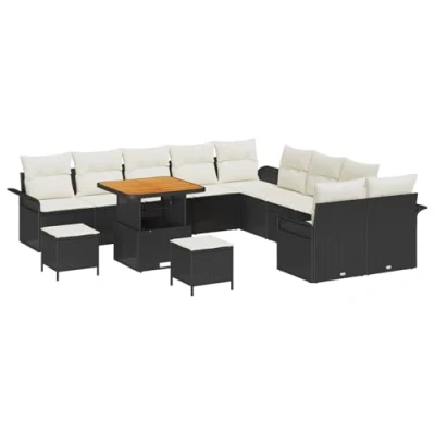 Afbeelding van vidaXL 13 delige Tuin Sofa Set met Kussens Zwart Poly Rattan Acacia, 2 zits Opslag &amp; Rattan, 3 delig Eetset Acacia