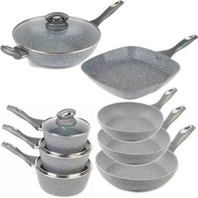 Afbeelding van Salter COMBO 8572A 8 Piece Pan Set, 16/18/20cm Saucepans, 20/24/28cm Frying Pans, Wok &amp; Lid, Griddle Pan, Non Stick Induction Hob Suitable, Healthier Cooking With Little Or No Oil, Marblestone, Grey