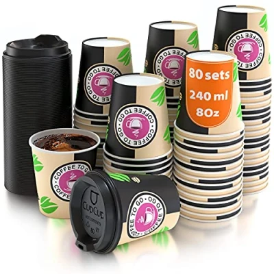 Afbeelding van 100 Enkele Wand Papieren Bekers Koffie To Go voor 240 ml met Deksels het Serveren van Koffie, Thee, Warme en Koude Dranken
