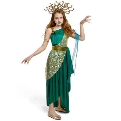 Afbeelding van Spooktacular Creations Medusa kostuum voor meisjes, groen met hoofddekselarmband Halloween verkleedpartijen M