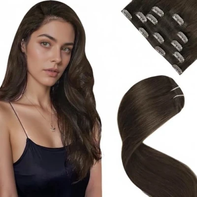 Afbeelding van LaaVoo Clip in Hair Extensions Human 5pcs 80g 18Inch Donkerste Bruine Haarextensies Remy Naadloze Dubbele Weft #2