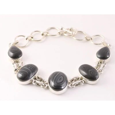 Afbeelding van Zilveren armband met grote zwarte psilomelaan stenen