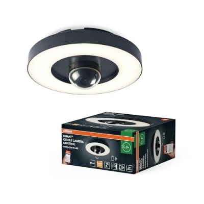 Afbeelding van OSRAM SMART+ buiten wand &amp; plafondlamp + camera, warm witte LED lamp (3000K), hoogwaardige polycarbonaat behuizing in donkergrijs, geïntegreerde speaker, geheugenkaart, slimme WiFi technologie