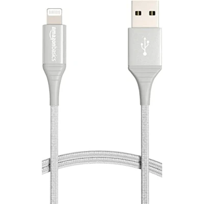 Afbeelding van Amazon Basics Aansluitkabel, USB A naar Lightning, dubbel gevlochten nylon, geavanceerde collectie, MFi gecertificeerde oplaadkabel voor iPhone, 0,9 m, zilver