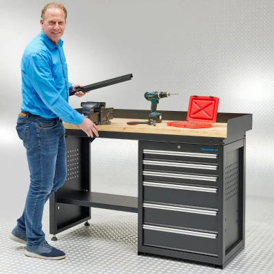 Afbeelding van Datona Werkbank PRO Eiken Werkblad 6 Lades 150 Cm Zwart (150 x 64 95 cm)