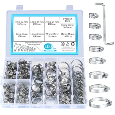 Afbeelding van 100 stuks slangklemmen verstelbaar 8 44 mm bereik, roestvrijstalen diverse kit, waterleidingen, slangklemmen, assorti met schroevendraaier voor waterpijp, autobuis, gaspijp