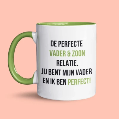 Afbeelding van NietMokken.nl Grappige mok De perfecte vader &amp; zoon relatie Geweldig Vaderdagcadeau Beide zijden bedrukt Vaatwasser en magnetronbestendig Leuke beker als cadeau Groen