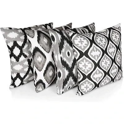 Afbeelding van Penguin Home 100% Katoen Decoratieve Dubbelzijdige Vierkante Kussenhoezen Met Onzichtbare Rits 4 Delige Set, 45 cm Lengte x Breedte, Zwart/Grijs/Wit Patroon