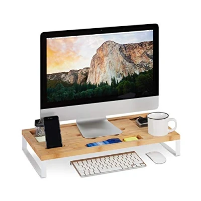 Afbeelding van Relaxdays Monitorstandaard monitorverhoger bamboe beeldschermverhoger organizer