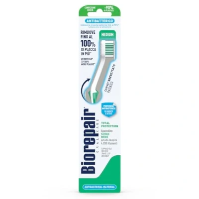 Afbeelding van Biorepair Tandenborstel met volledige bescherming, antibacterieel, klinisch getest, middelgrote borstelharen, gepatenteerde gebogen vorm, remt bacteriegroei tot 90%, verwijdert 100% tandplak