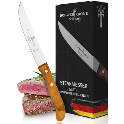 Afbeelding van Schwertkrone Steakmes, broodmes, ontbijtmes, hammes, Solingen Germany, olijfhout (glad snijder)