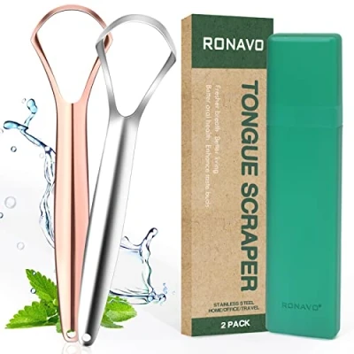 Afbeelding van RONAVO Tongschraper (verpakking van 2 stuks), Cure Bad Breath (medische kwaliteit), RVS tongreinigers, 100% BPA gratis metalen tongschrapers Versere Adem in enkele seconden. Door...