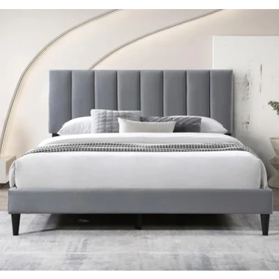 Afbeelding van bed 140x200 cm, gestoffeerd met lattenbodem, bedframe, tweepersoonsbed zachte overtrek en gevoerd hoofdeinde verticaal stiksel, robuust frame, hoog ligcomfort, grijs cm