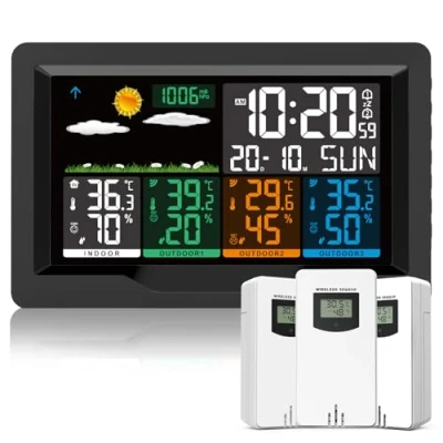 Afbeelding van Qxmcov Draadloos Weerstation met Sensor, Multifunctioneel Wifi 3 Buitensensoren, Thermometer, Hygrometer, Digitale Wekker, DCF radioklok voor Thuis, Kantoor, Tuin, Binnen en Buiten