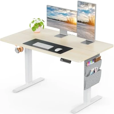 Afbeelding van ErGear Stabureau 120 x 60 cm, ondersteunt tot 80 kg in hoogte verstelbaar elektrisch sta bureau met opbergtas, zit rugzakhaak en geheugen slim paneel voor thuiskantoor