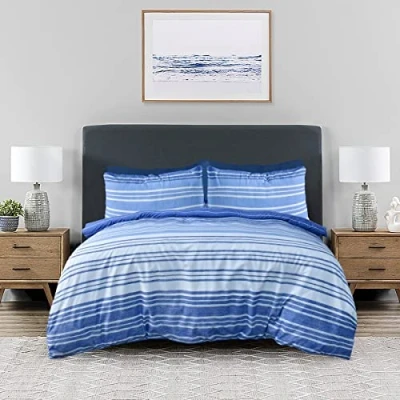 Afbeelding van Sleepdown Gestructureerde streep marineblauw wit zacht, onderhoudsvriendelijk gezellig omkeerbaar dekbedovertrek beddengoedset met kussenslopen King (230 cm x 220 cm)