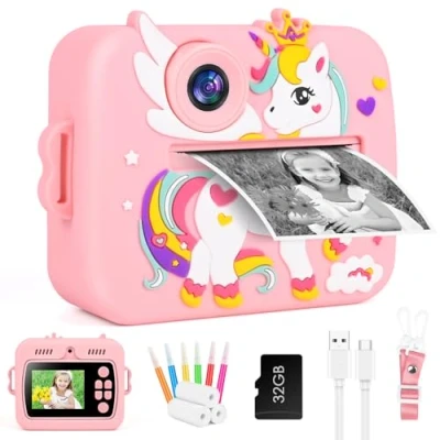 Afbeelding van GuKKK instant kindercamera, 2,4 inch camera voor kinderen, met 32G TF kaart en fotopapier, 1080p HD digitale kerstcadeau jongens meisjes van 3 12 jaar