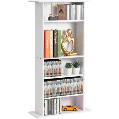 Afbeelding van VEVOR Opbergkast voor media, 5 laags dvd plank maximaal 240 cd&#039;s, verstelbare cd planken, beschermt en organiseert muziek, film, videogames of memorabilia collecties, wit
