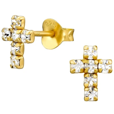 Afbeelding van JoyS Zilveren kruisje oorbellen 5 x 6 mm oorknopjes kristal gold plated