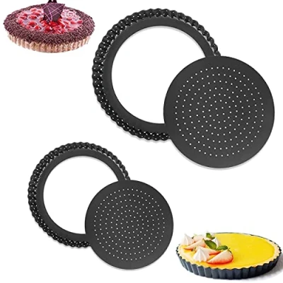 Afbeelding van Hnavery Taartvormen, 2 Stuks Bakvorm ​Rond, Koolstofstalen Cakevorm, Quichevorm, Cakevorm met Antiaanbaklaag,met Gegolfde Rand en Losse Bodem,Voor Chocolade Tart Cake Home Keuken Bakken