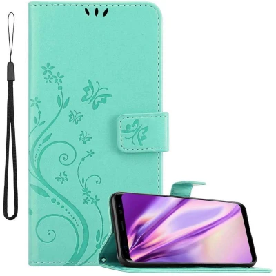 Afbeelding van Cadorabo Hoesje geschikt voor Samsung Galaxy S8 in BLOEMEN TURKOOIS Beschermhoes bloemmotief met magnetische sluiting, standfunctie en kaartsleuven Book Case Cover Etui