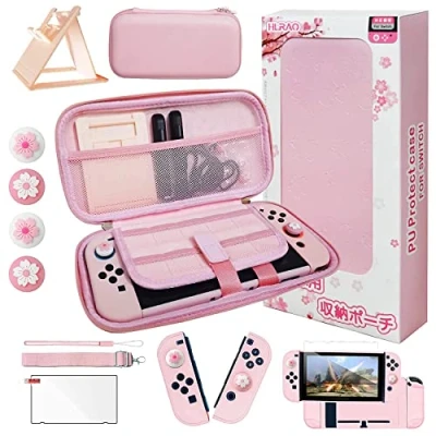 Afbeelding van HLRAO Roze reisaccessoireset tas compatibel met Nintendo Switch, Sakura design opbergtas case, harde beschermhoes, verstelbare standaard, HD glazen schermbeschermer en duimgreep., 10 1, Switch